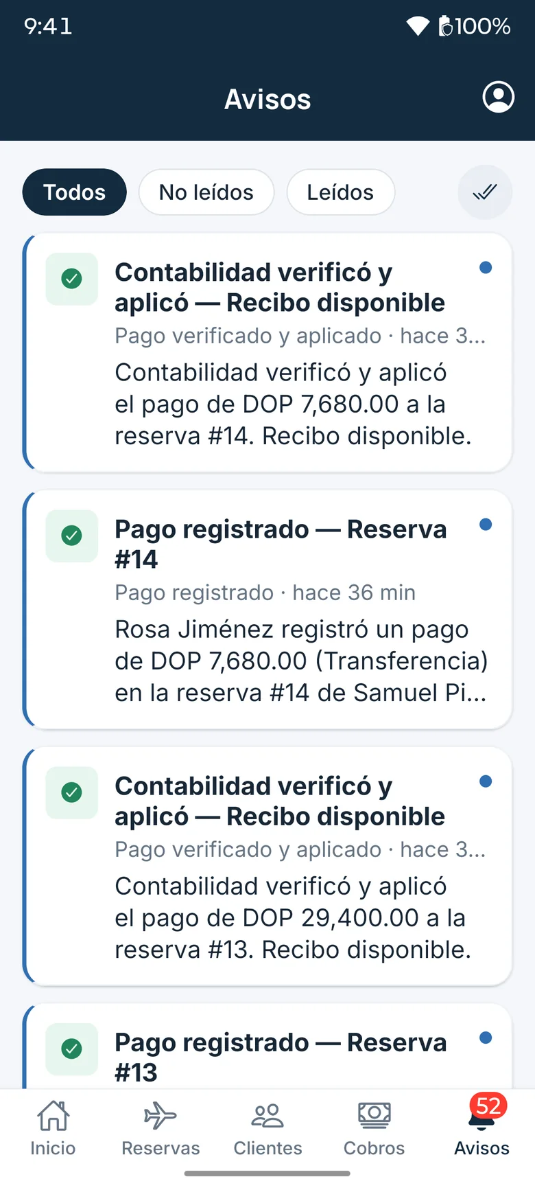 App notifications with payments recorded and verified by accounting