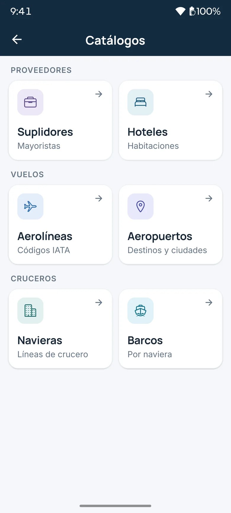 Catalog index in the app with suppliers, hotels, airlines, airports, cruise lines and ships