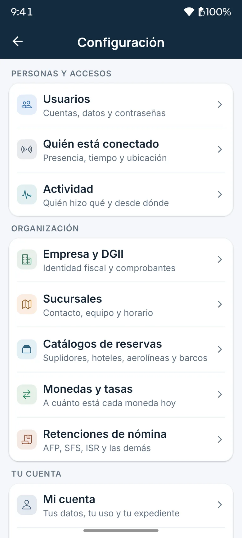 App settings center with users, company, branches, currencies and withholdings