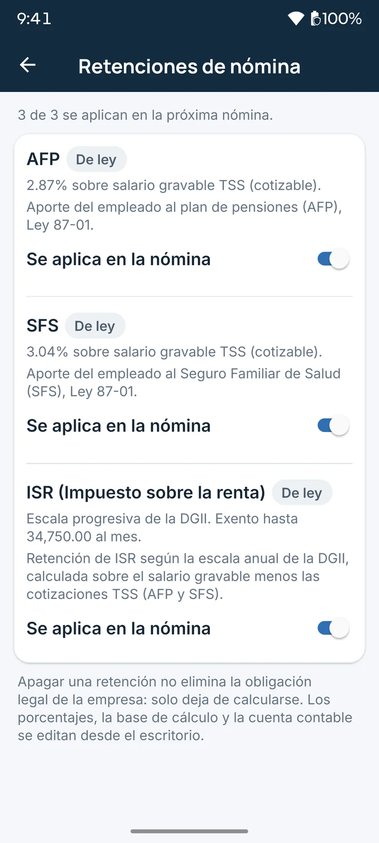 AFP, SFS and ISR payroll withholdings that can be switched on from the app