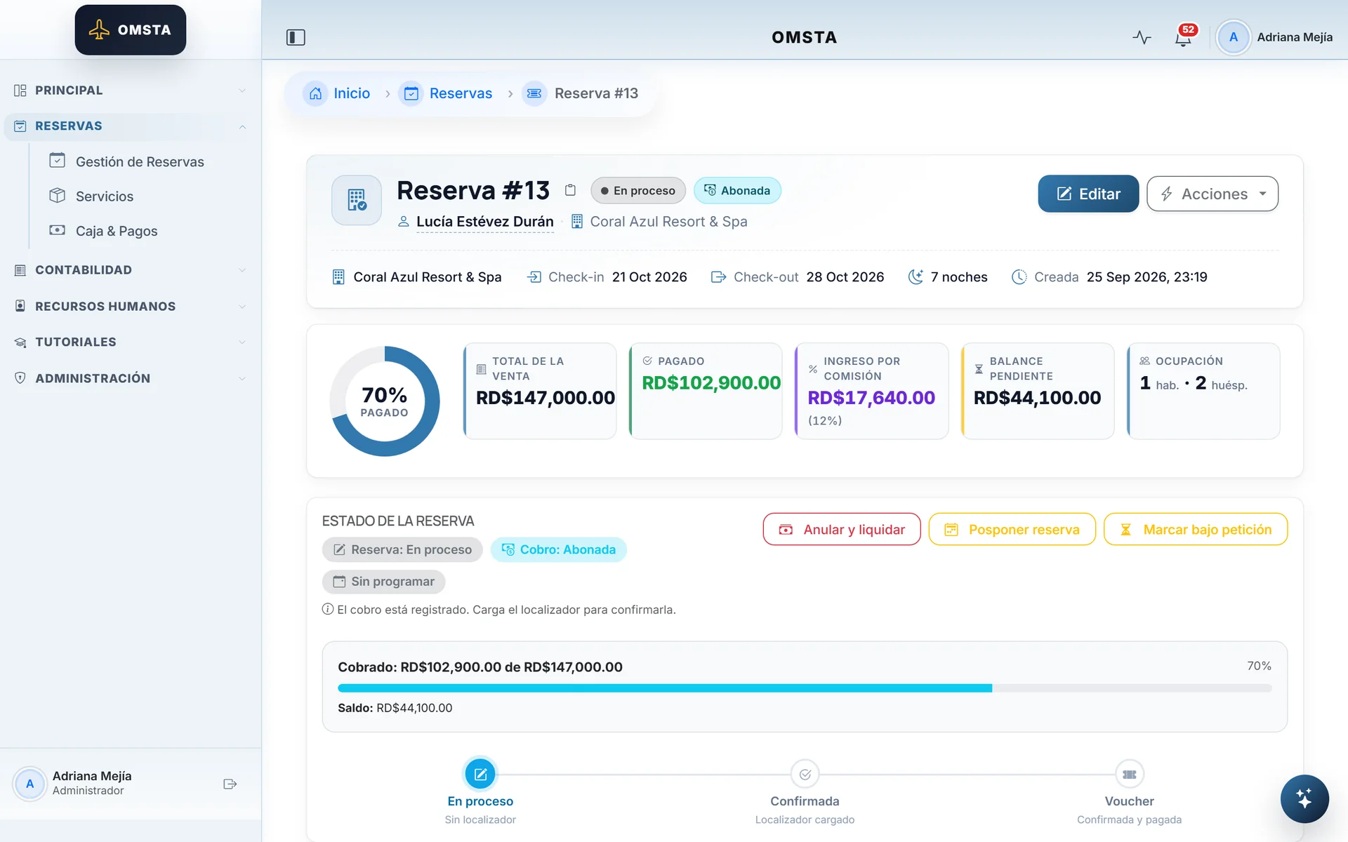 Hotel booking record with 70% collected, a status ladder and the outstanding balance