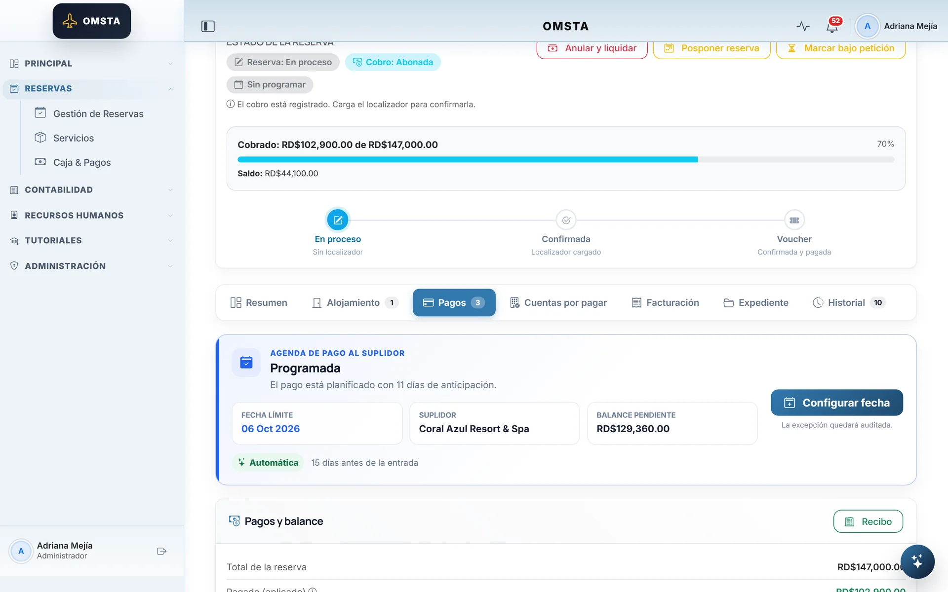 Payments tab of a booking with the supplier payment scheduled before check-in
