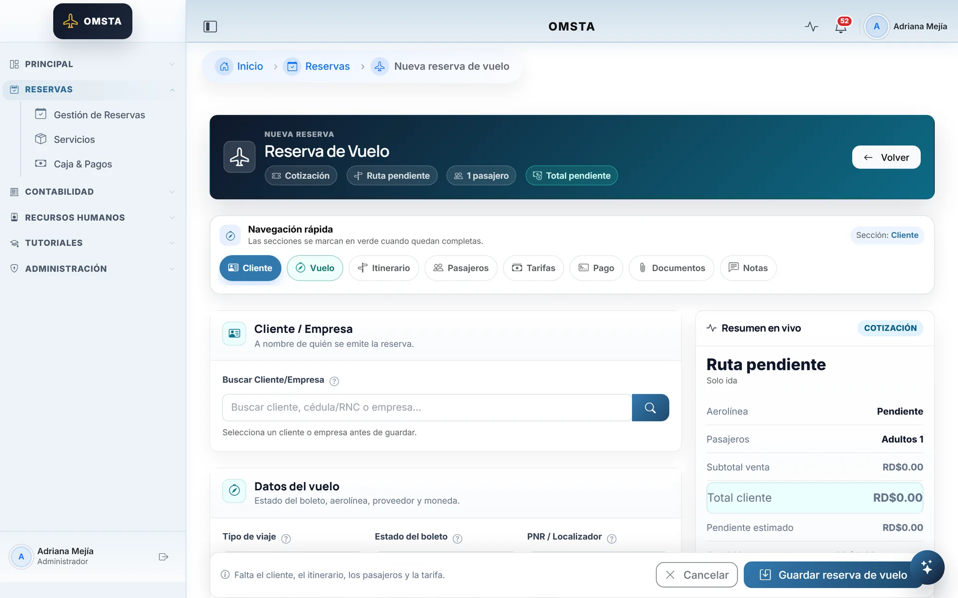 Flight booking form with quick section navigation and a live price summary