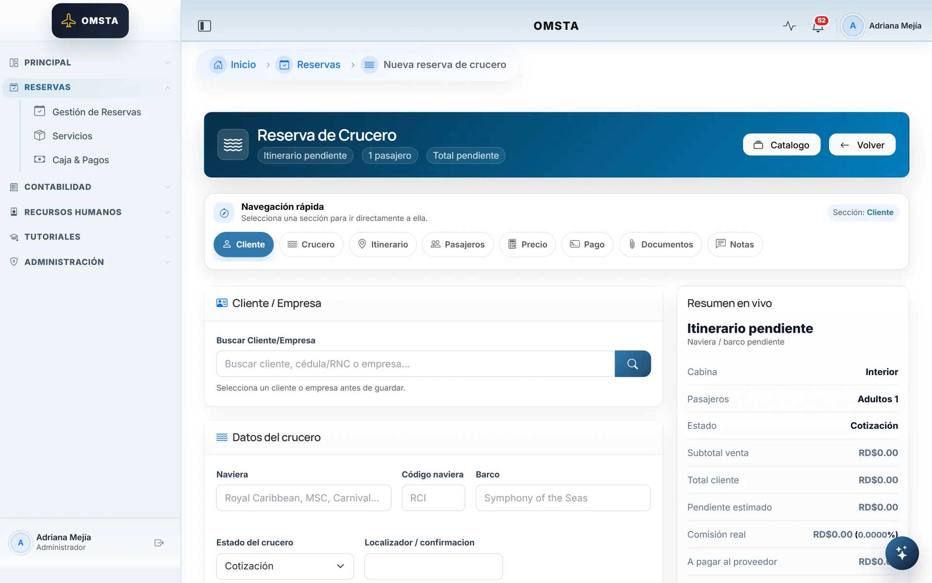 Cruise booking form with itinerary, passengers and a live summary