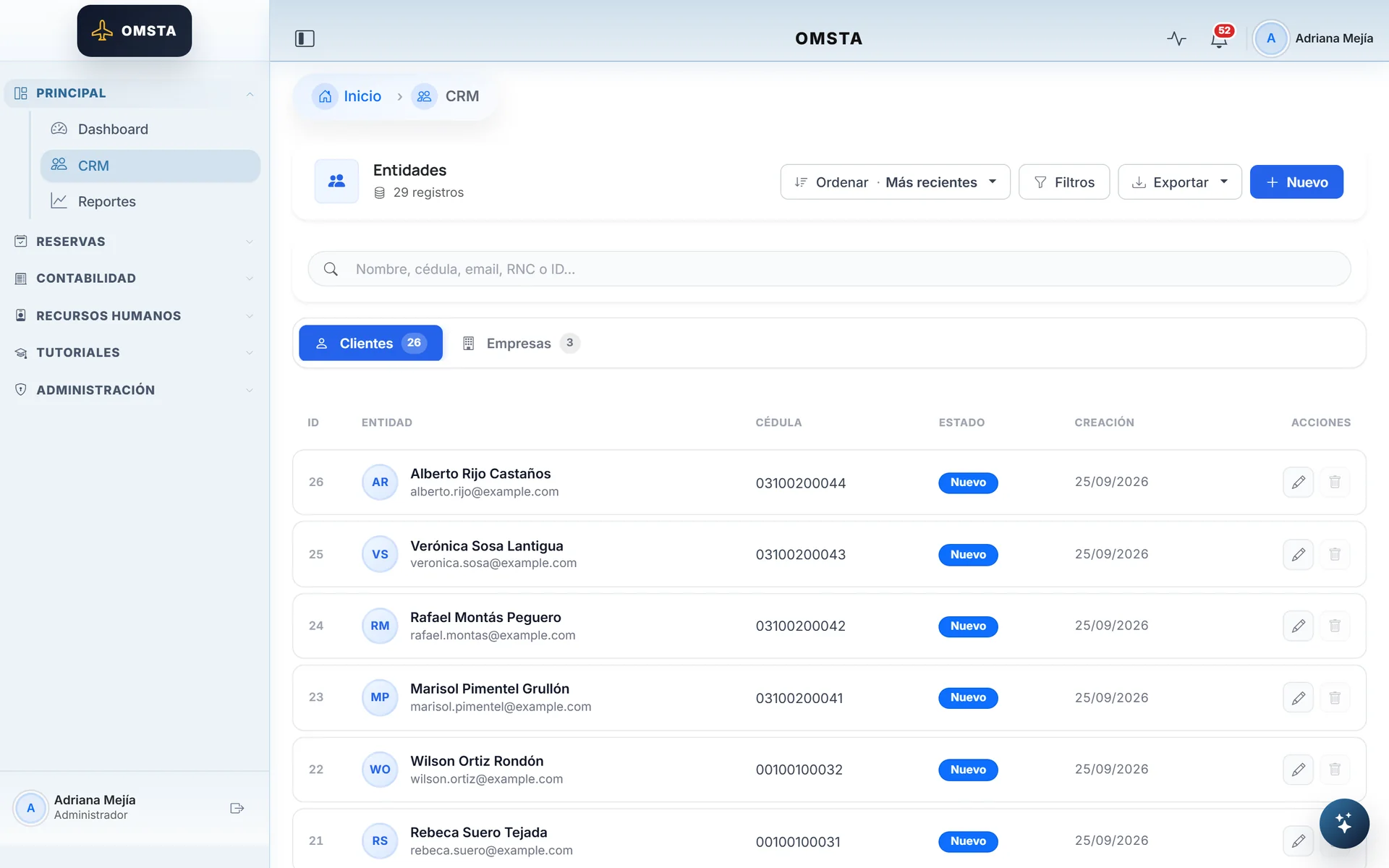 CRM with twenty-six clients and three companies, with filters and export
