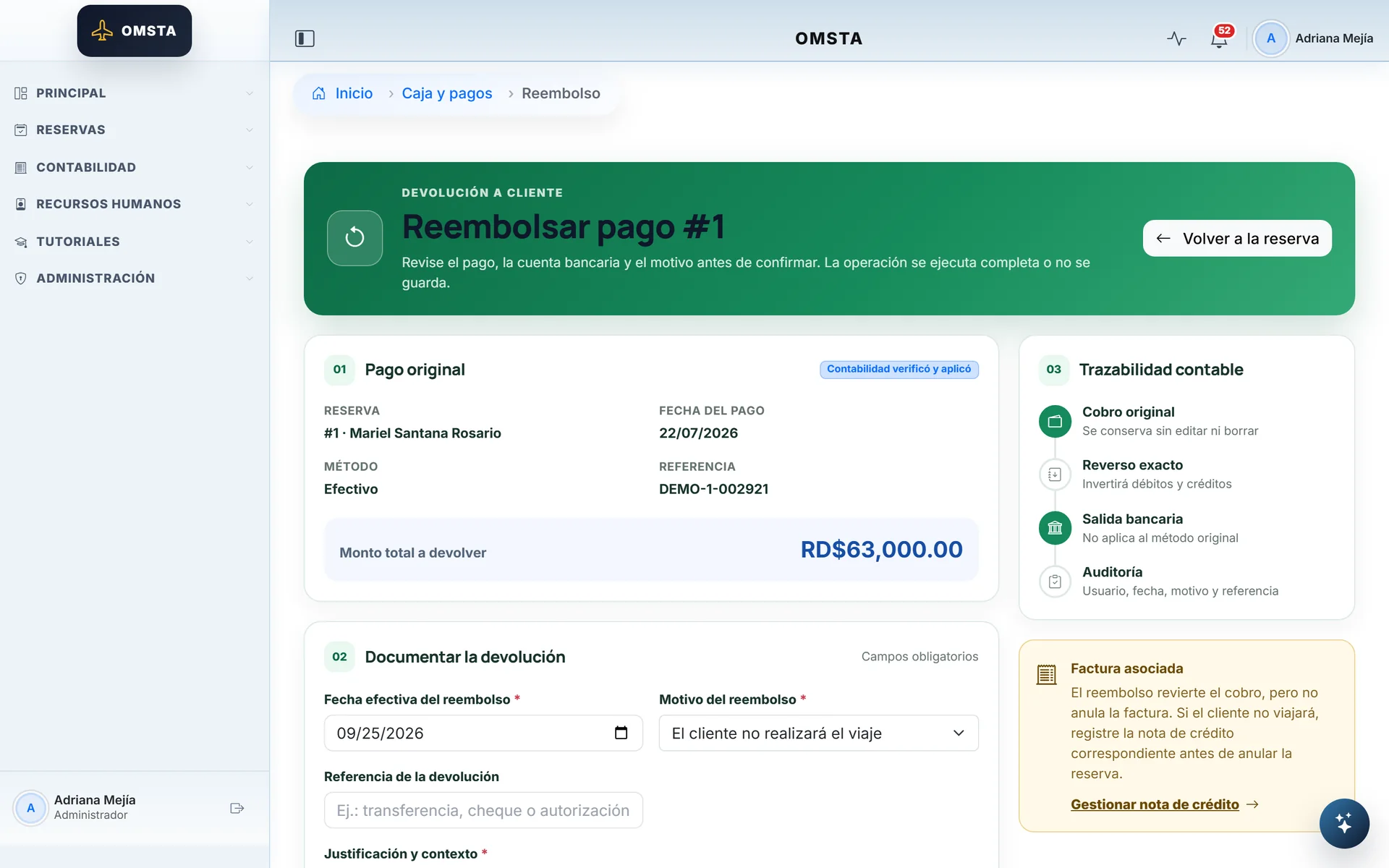 Refund of a payment with its accounting trail and a required reason