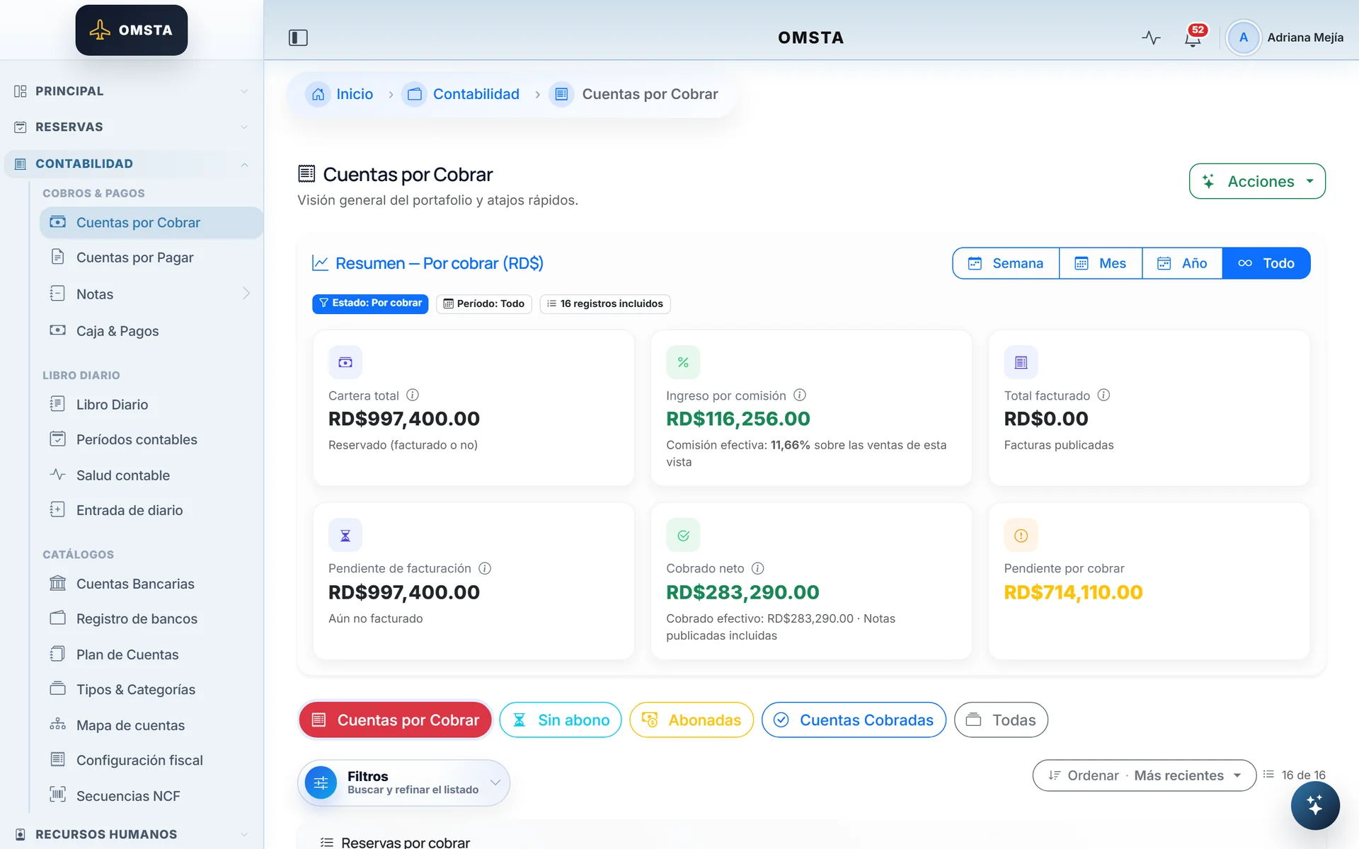 Accounts receivable with portfolio, commission and amount still to collect