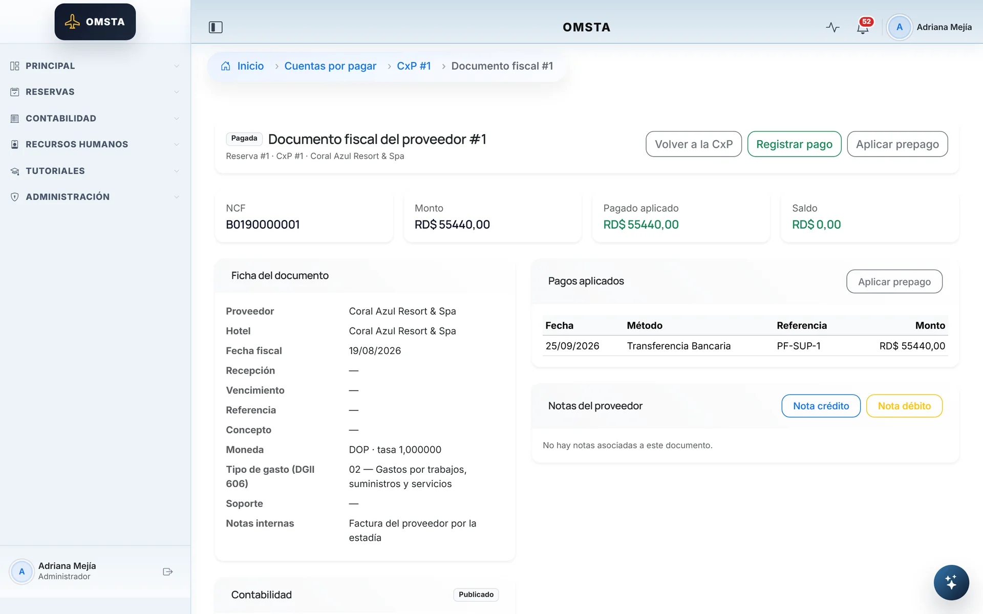 Supplier tax document with NCF, 606 expense type and applied payment