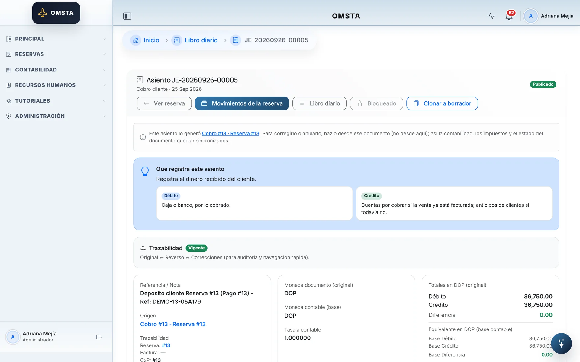 Entry detail that explains its debit, credit and origin in plain language