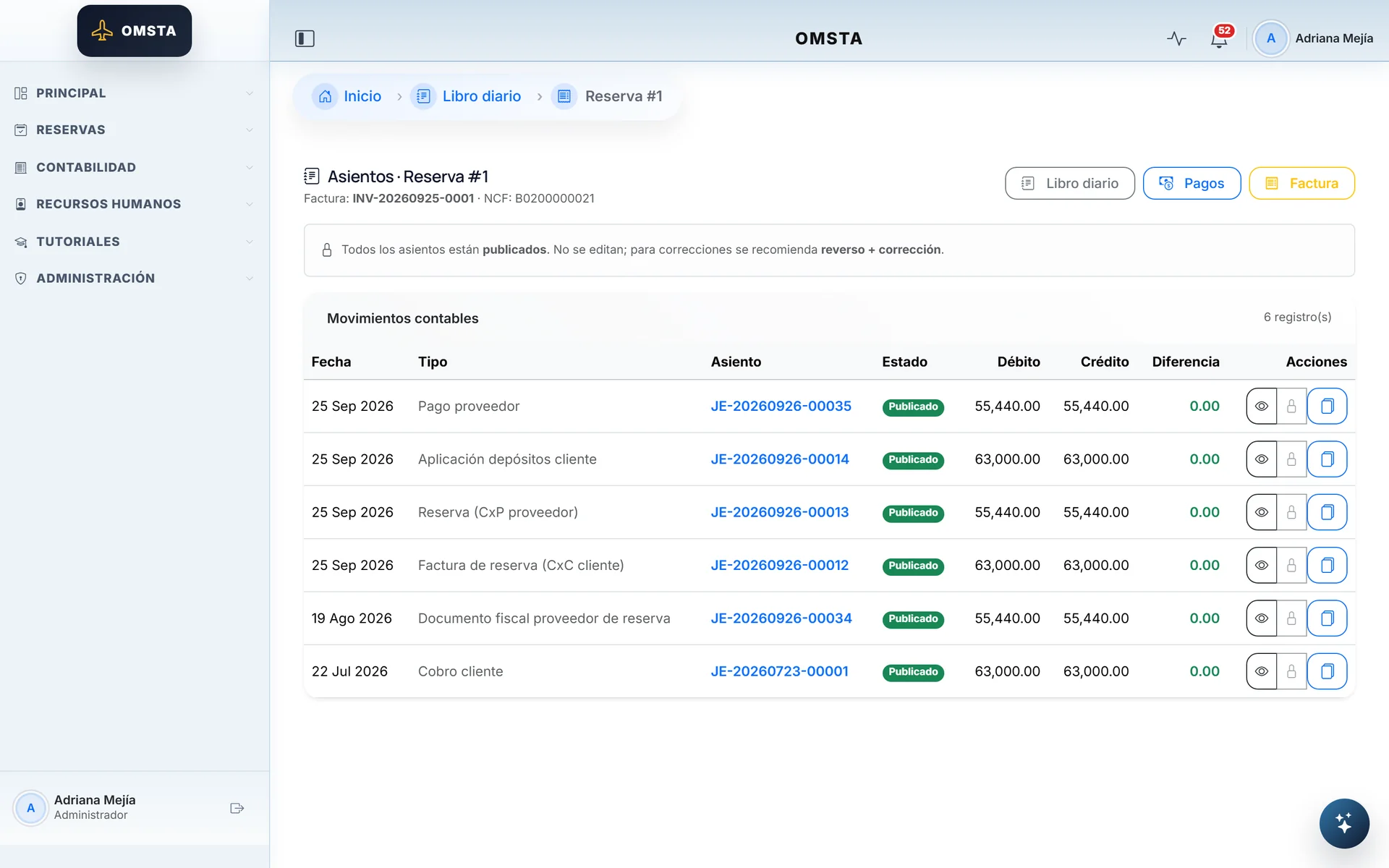 Six entries from one booking, from payment to invoice, cost and supplier payment