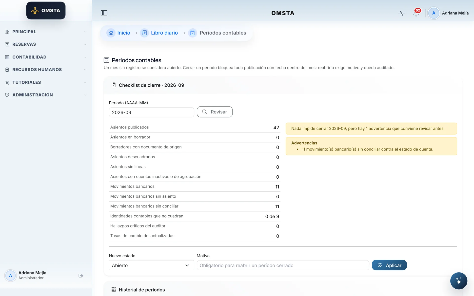 Period-close checklist with its checks and warnings