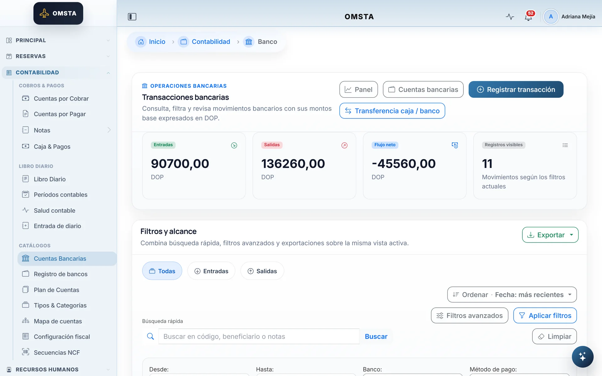 Bank transactions with inflows, outflows and net flow in pesos