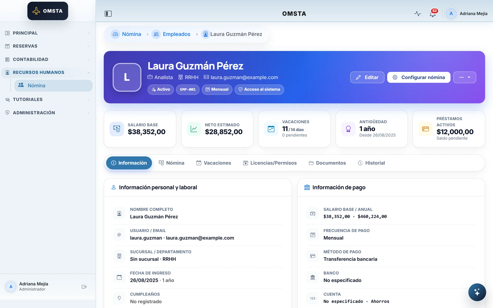 Employee record with salary, estimated net pay, vacation and loans