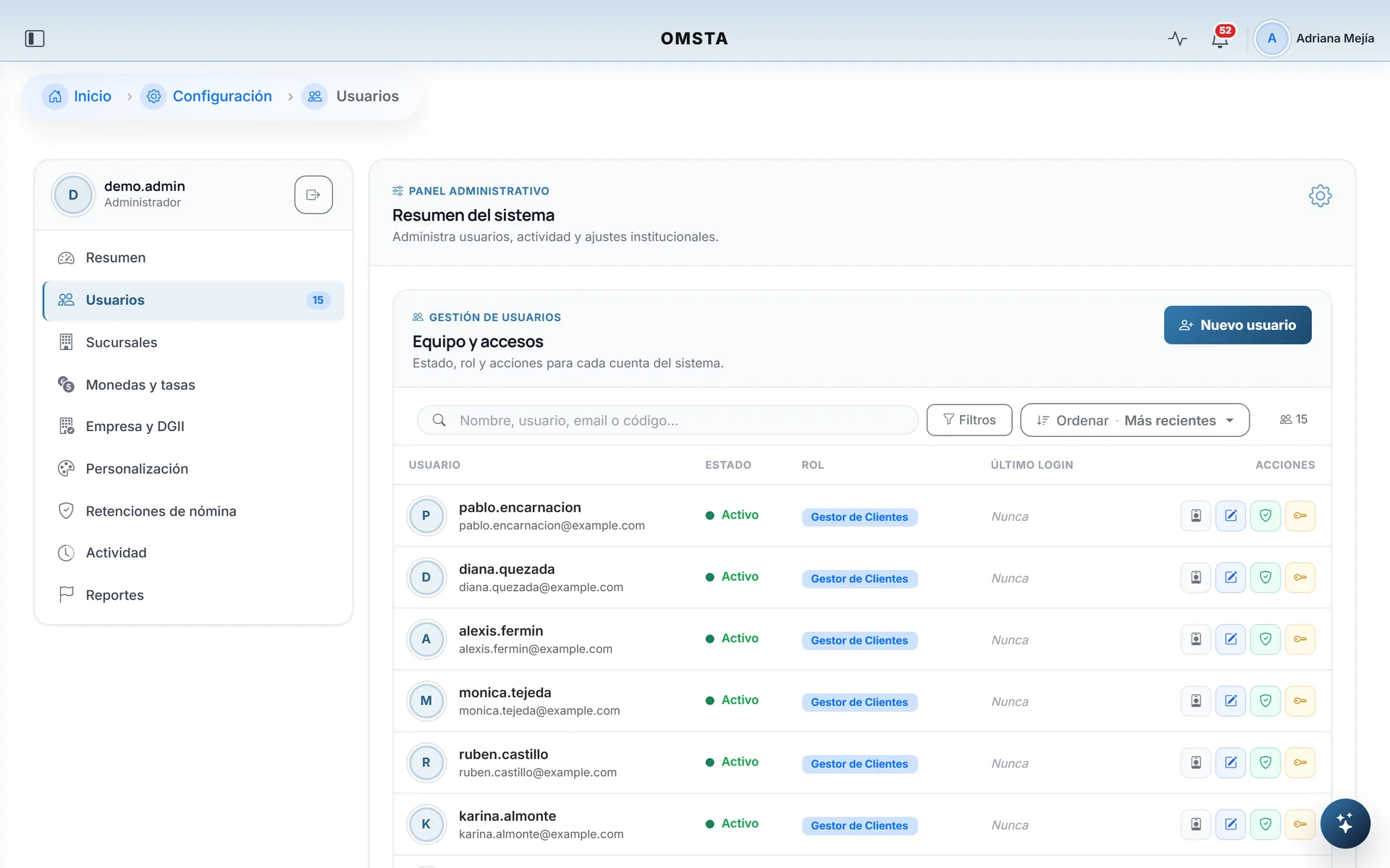 User list with each user's status, role and access actions