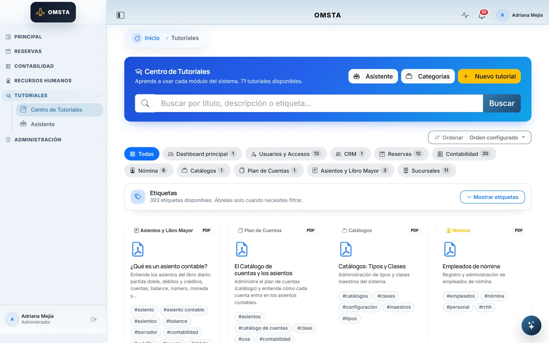 Tutorial center with seventy-one tutorials organized by module