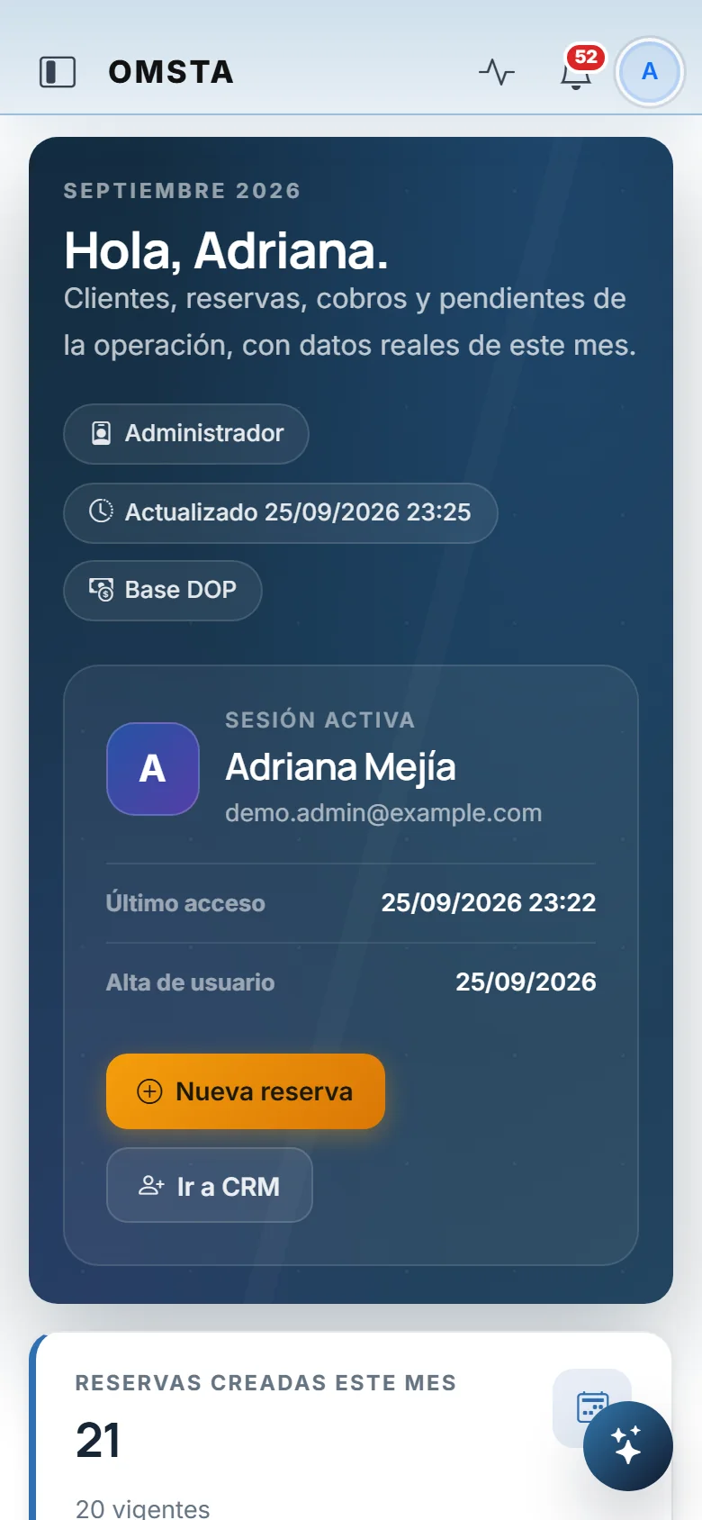 OMSTA dashboard at phone width