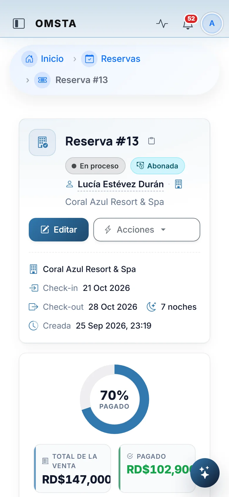 Booking record at phone width with 70% collected