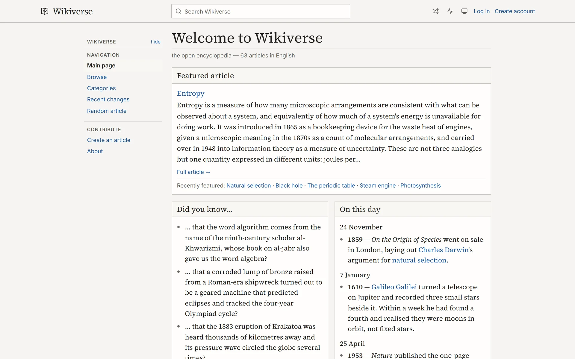 Wikiverse main page with the featured article Entropy and the Did you know and On this day panels