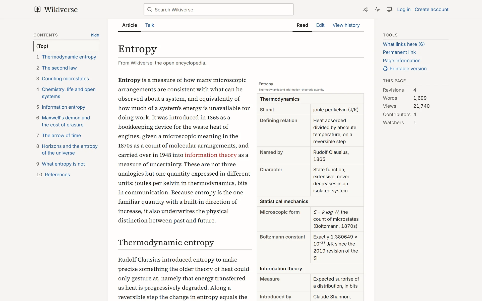 Entropy article with a side table of contents, a thermodynamics infobox and a red link