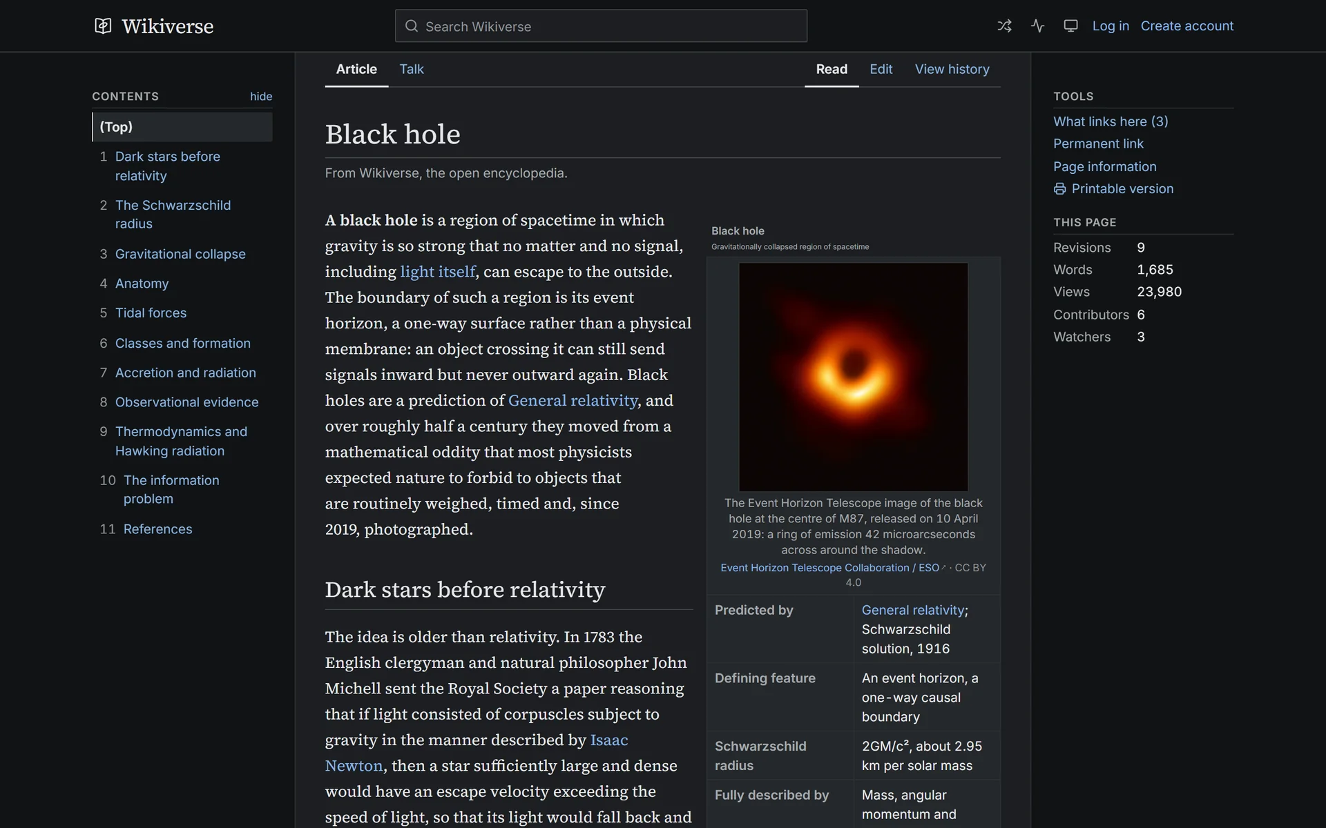 Black hole article in the dark theme with the M87 image and its license credit