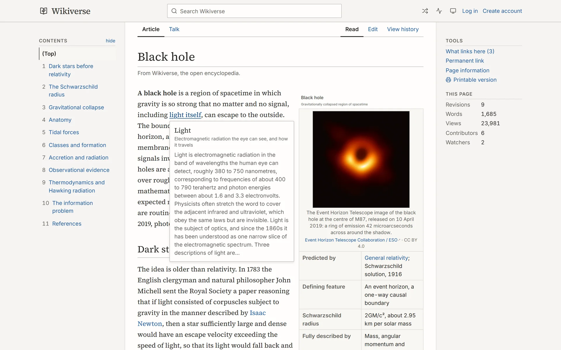 Preview card for the Light article over the Black hole article