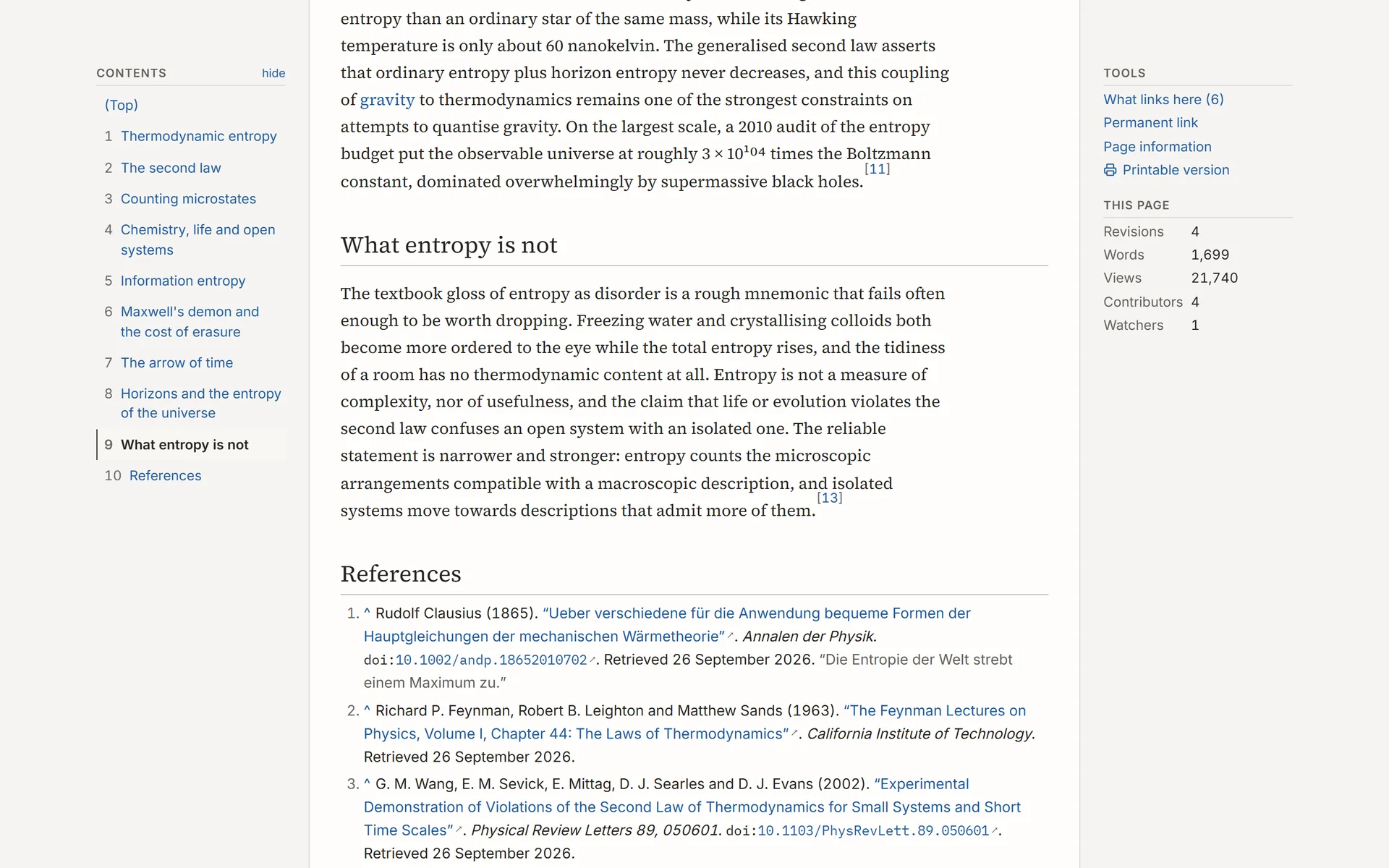 End of the Entropy article with numbered notes and the reference list with DOIs