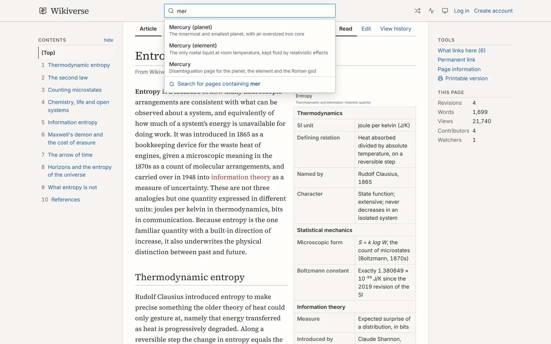 Wikiverse search box with suggestions for mer — Mercury the planet, the element and the disambiguation page