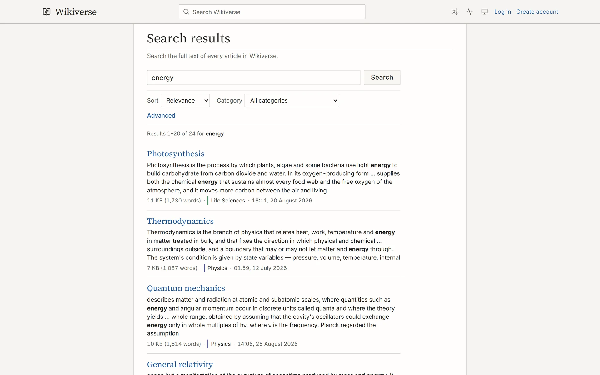 Search results for energy with highlighted snippets, a category filter and sorting