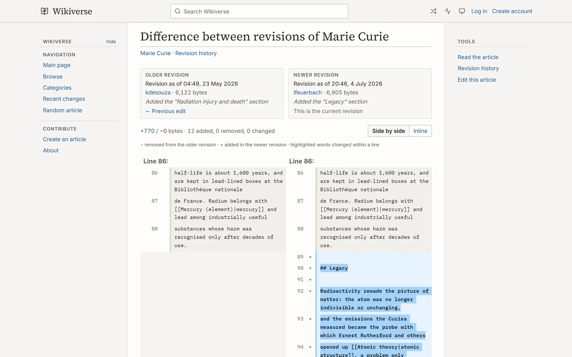 Side-by-side comparison of two Marie Curie revisions with the Legacy section added