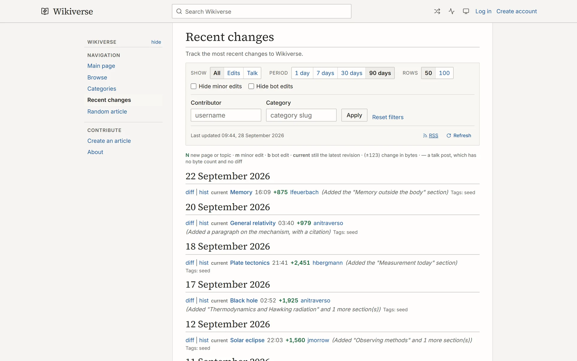 Wikiverse recent changes with filters by type, period and contributor