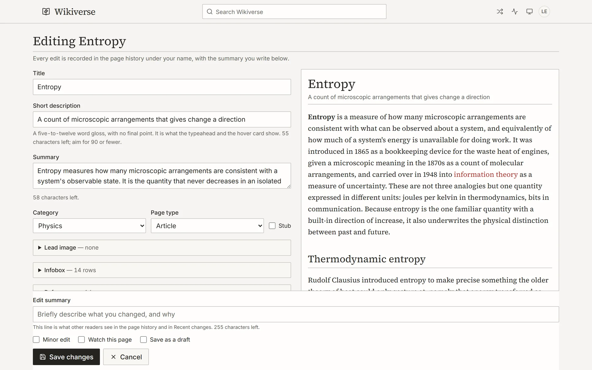 Entropy article editor with the fields on the left and the preview on the right