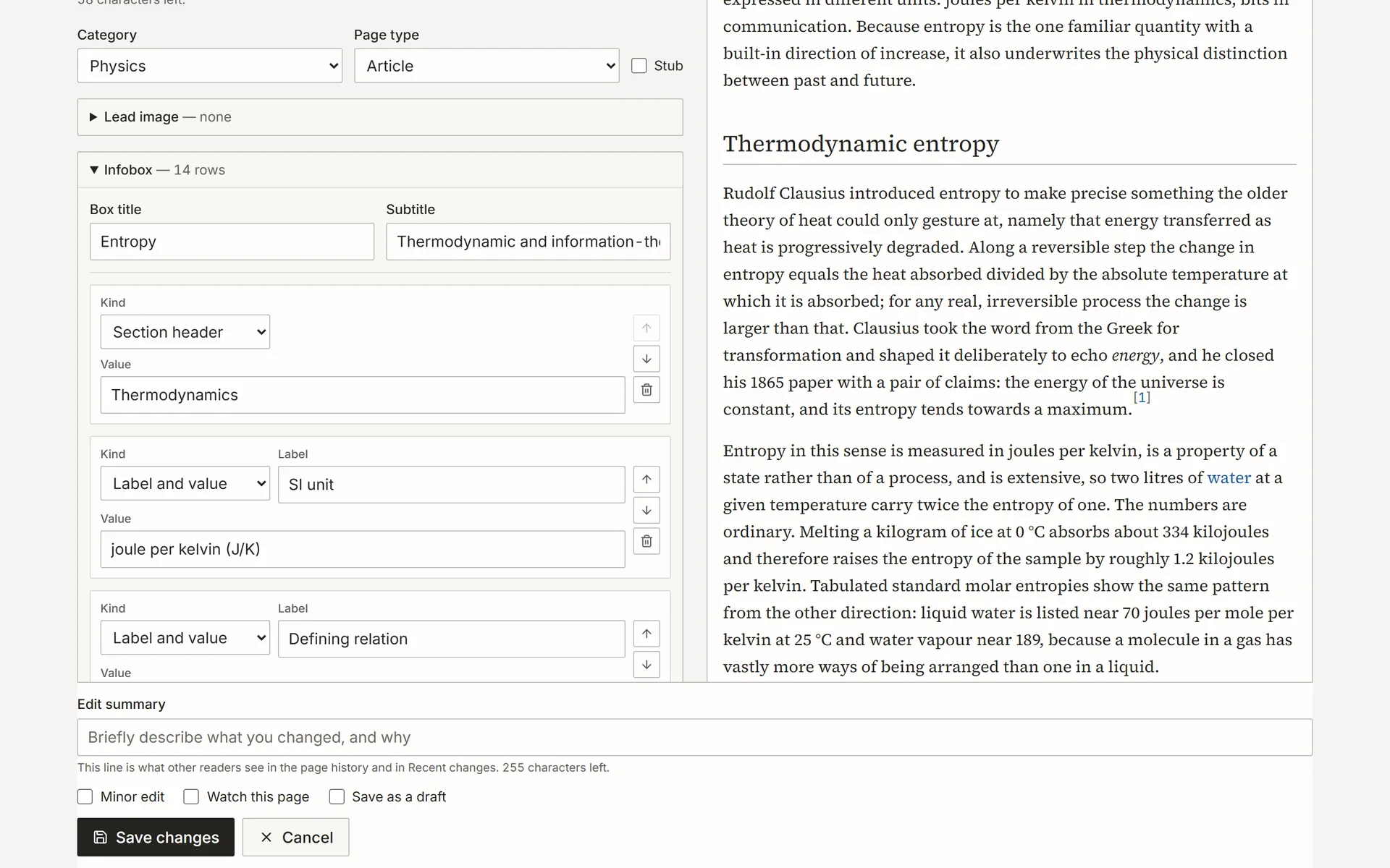 Structured Entropy infobox editor with reorderable rows