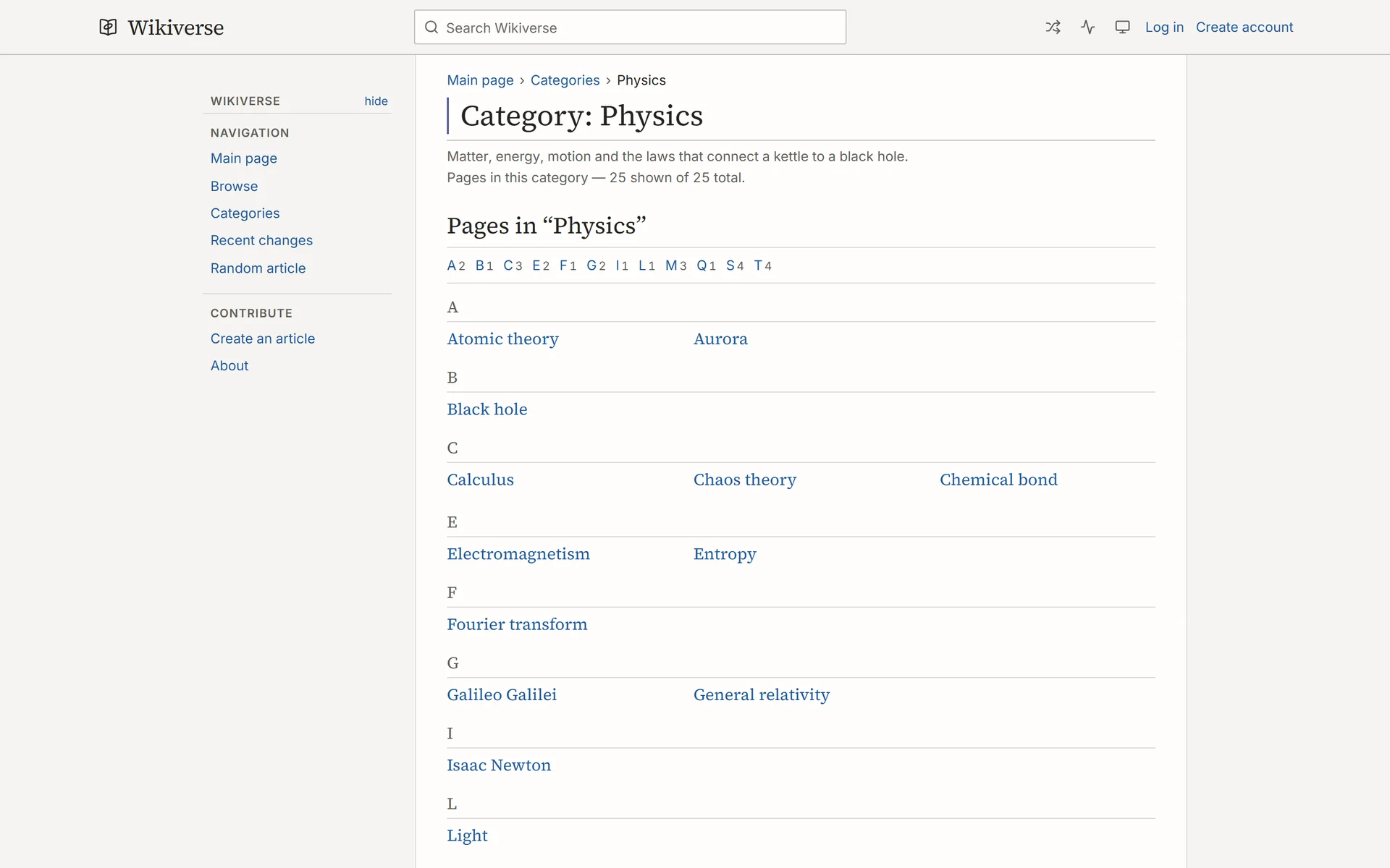 Physics category with an alphabetical index and articles grouped by letter