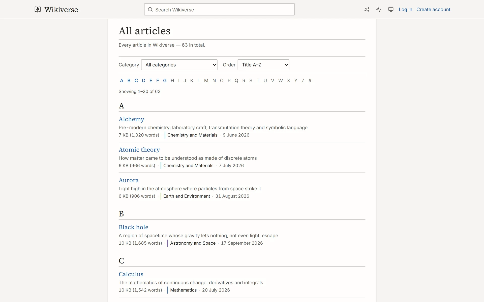 All articles page with filters, an alphabetical index and the first articles