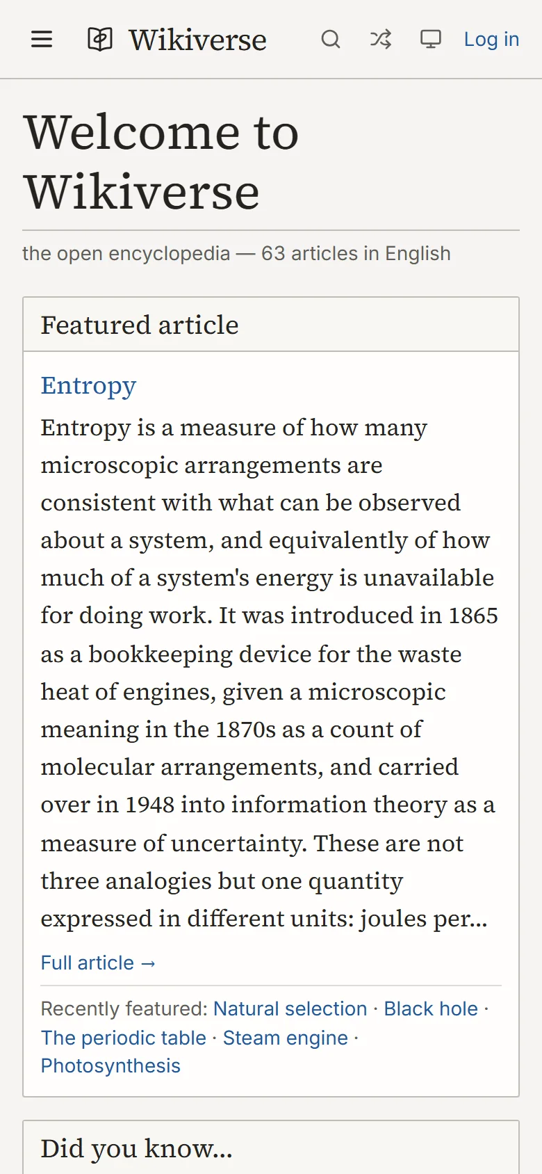 Wikiverse main page on a phone with the featured article Entropy