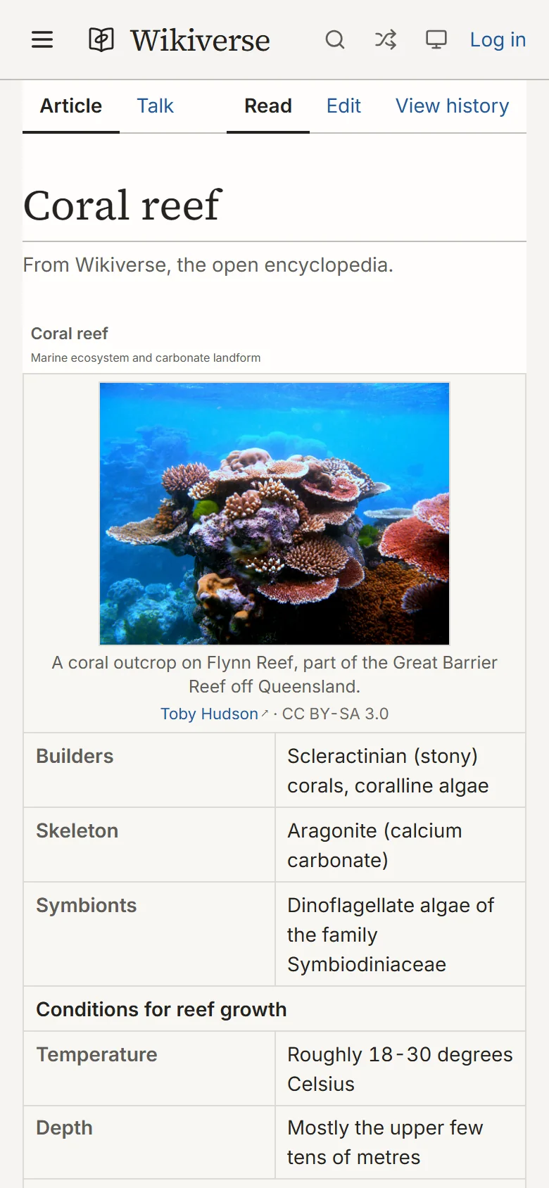 Coral reef article on a phone with the lead image and the infobox