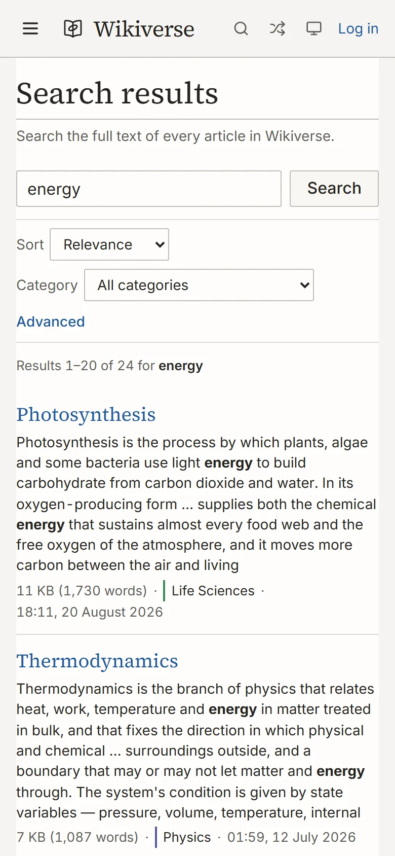 Search results for energy on a phone with highlighted snippets