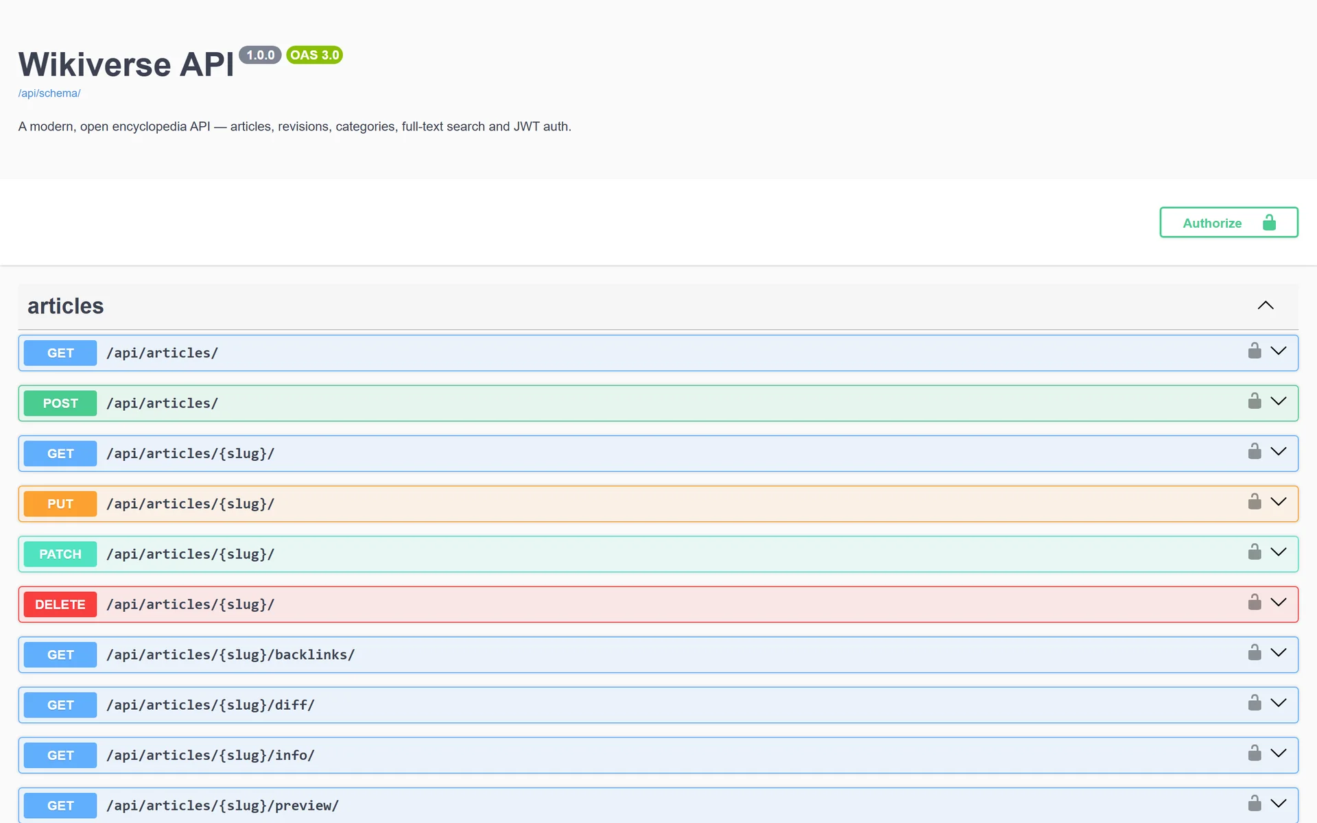 Interactive Wikiverse API documentation generated with OpenAPI